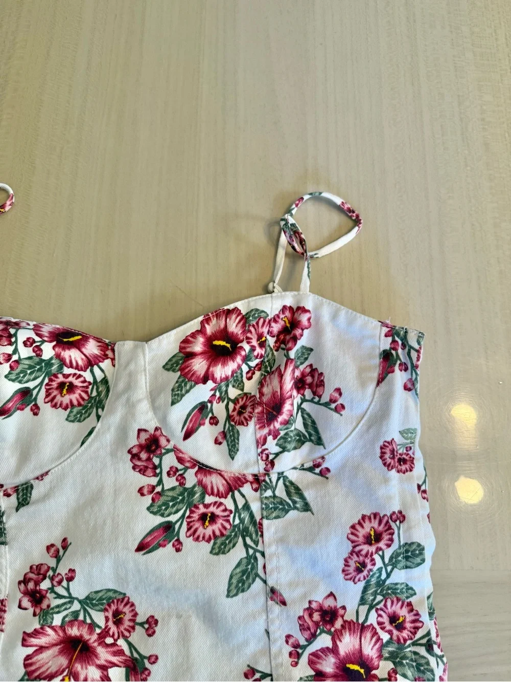 🌺 White Denim Bustier Hibiscus Floral Dress H&M Pink Flowers Large Sweetheart